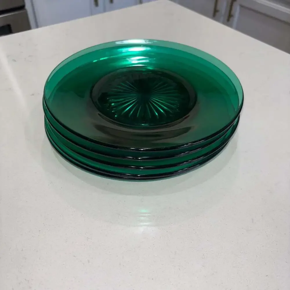 Vintage Emerald Green Pressed Glass Starburst Center Salad Plates Set of 5